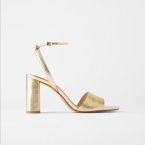Gold block heel strapped sandal